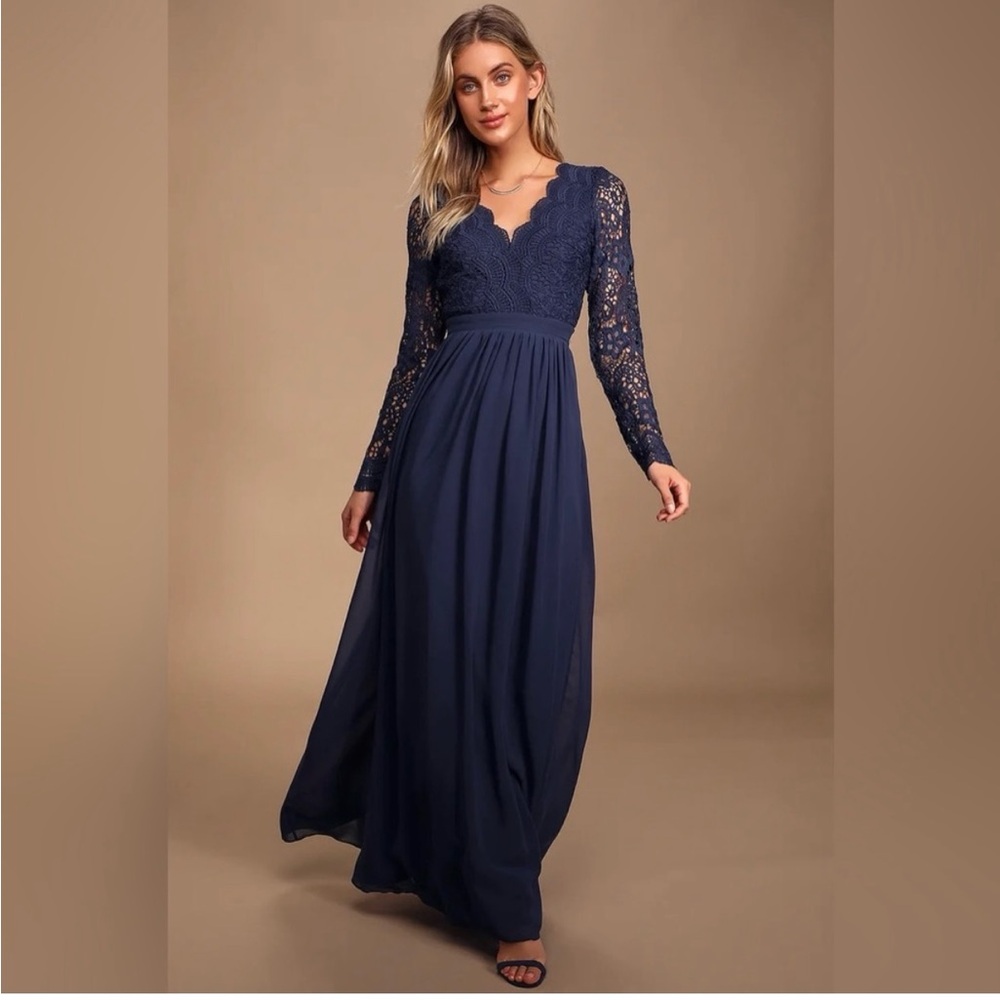 Lulus Elegant Navy Lace Evening Gown